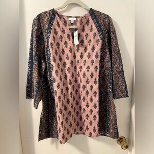 NWT J Jill Purejill Top Folkloric Pink Blue Paisley Linen Blend Boho Tunic Sz LP